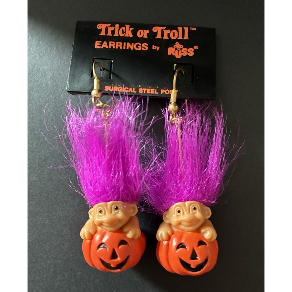 VTG Halloween Troll Doll Earrings RUSS Pumpkin Jack O Lantern Pierced Dangle y2k